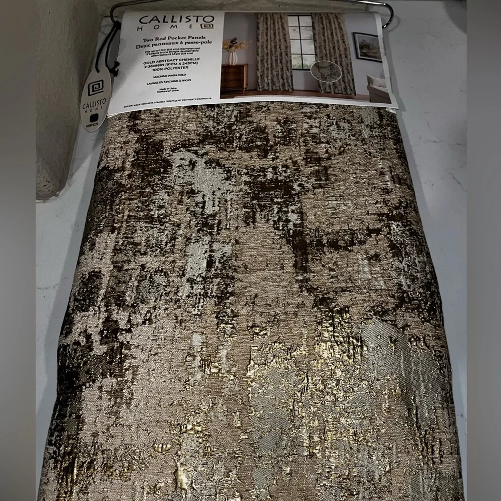 1-NWT CALLISTO HOME GOLD ABSTRACT CHENILLE CURTAINS SET OF 2  36”x 96” PANELS